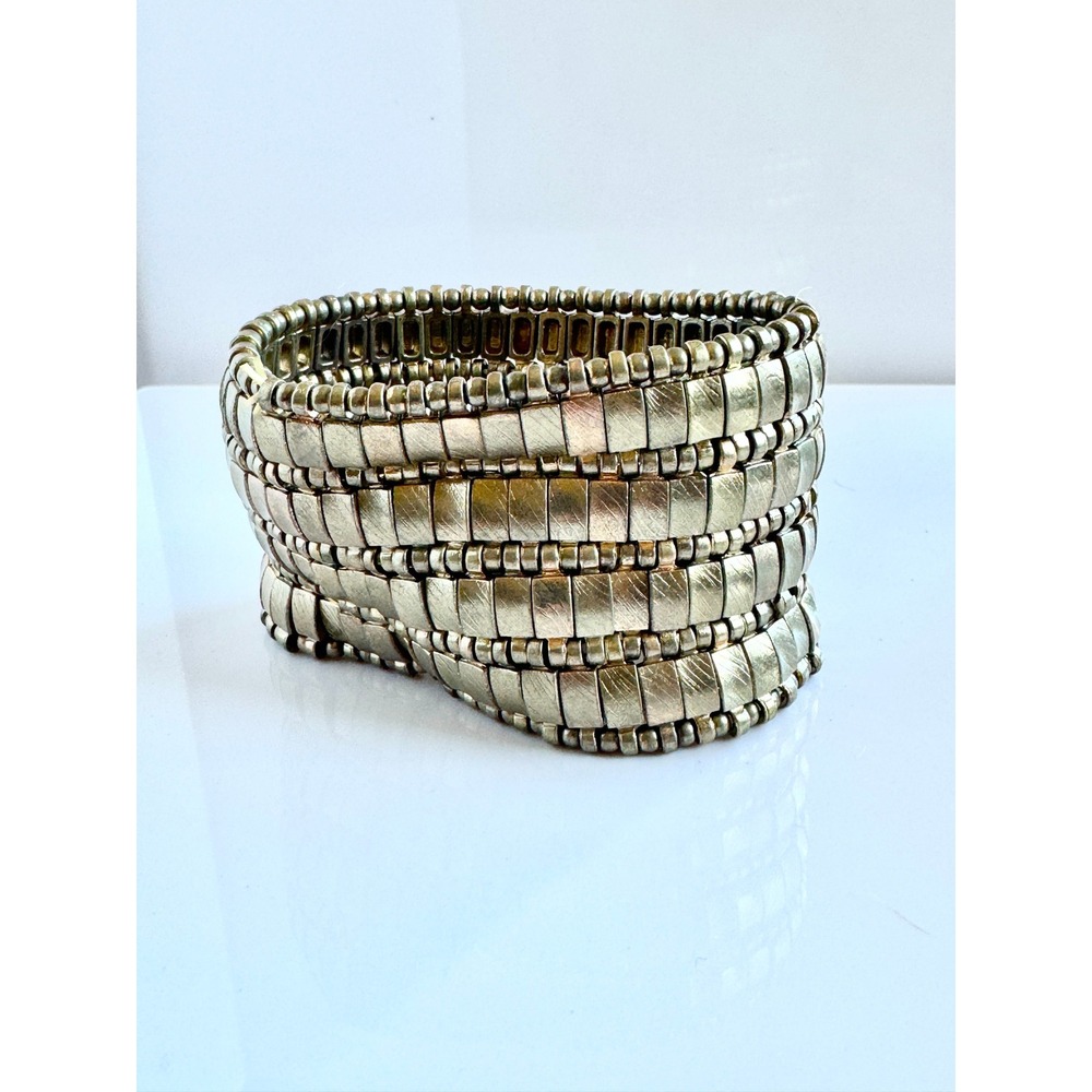 Wide Gold Tone Textured Stretch Bracelet Chunky Statement‎ Cuff Resort Vacation